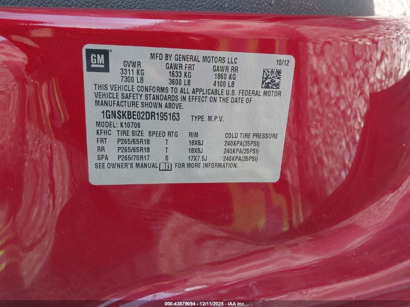 2013 Chevrolet Tahoe Lt VIN: 1GNSKBE02DR195163 Lot: 43879094