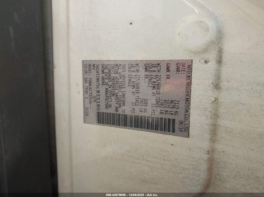 2014 Nissan Rogue Sl VIN: 5N1AT2MV7EC855180 Lot: 43879096