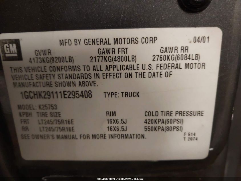 2001 Chevrolet Silverado 2500Hd Ls VIN: 1GCHK29111E295408 Lot: 43879099