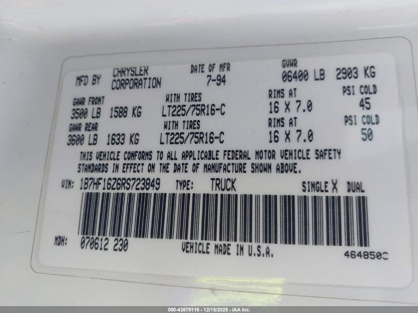 1994 Dodge Ram 1500 VIN: 1B7HF16Z6RS723849 Lot: 43879116