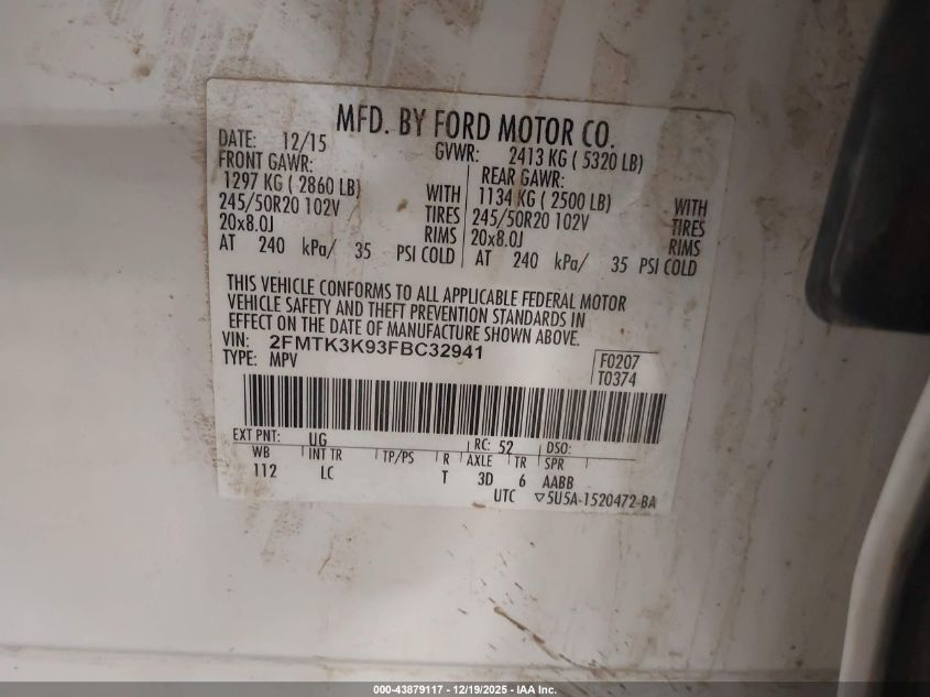 2015 Ford Edge Titanium VIN: 2FMTK3K93FBC32941 Lot: 43879117