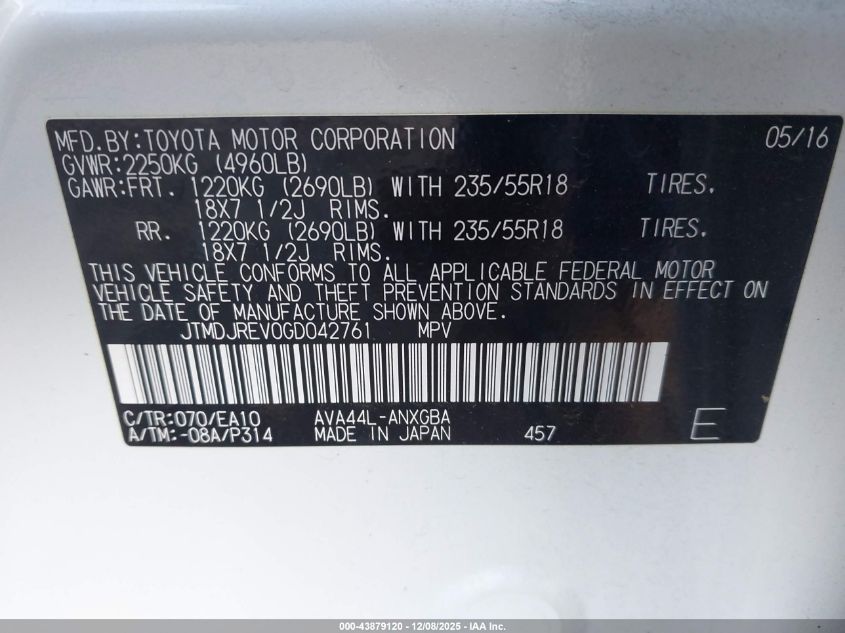 2016 Toyota Rav4 Hybrid Limited VIN: JTMDJREV0GD042761 Lot: 43879120