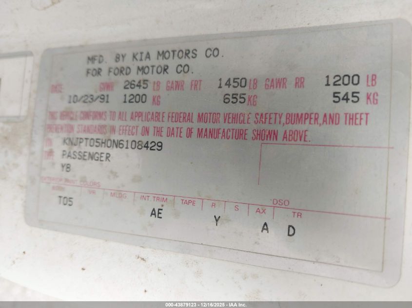 1992 Ford Festiva L VIN: KNJPT05H0N6108429 Lot: 43879123