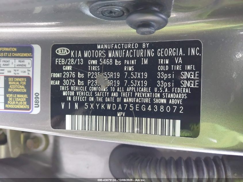 2014 Kia Sorento Limited V6 VIN: 5XYKWDA75EG438072 Lot: 43879124