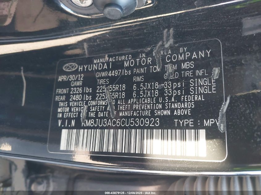 2012 Hyundai Tucson Limited VIN: KM8JU3AC6CU530923 Lot: 43879125