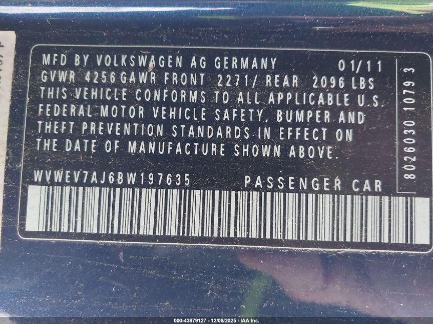 2011 Volkswagen Gti 2-Door VIN: WVWEV7AJ6BW197635 Lot: 43879127