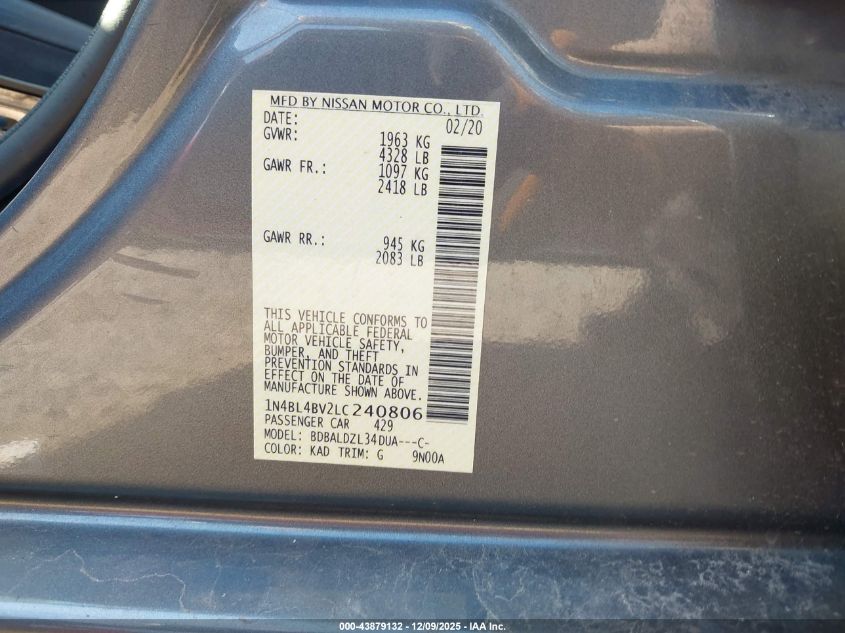 2020 Nissan Altima S Fwd VIN: 1N4BL4BV2LC240806 Lot: 43879132