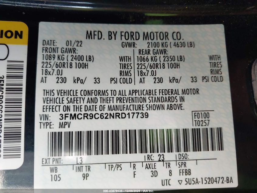 2022 Ford Bronco Sport Outer Banks VIN: 3FMCR9C62NRD17739 Lot: 43879135