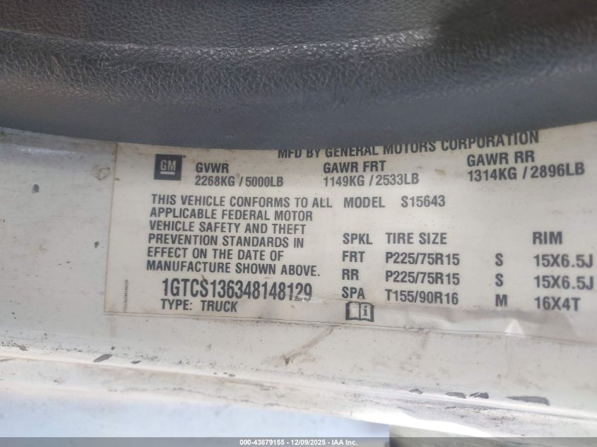2004 GMC Canyon Sle VIN: 1GTCS136348148129 Lot: 43879155