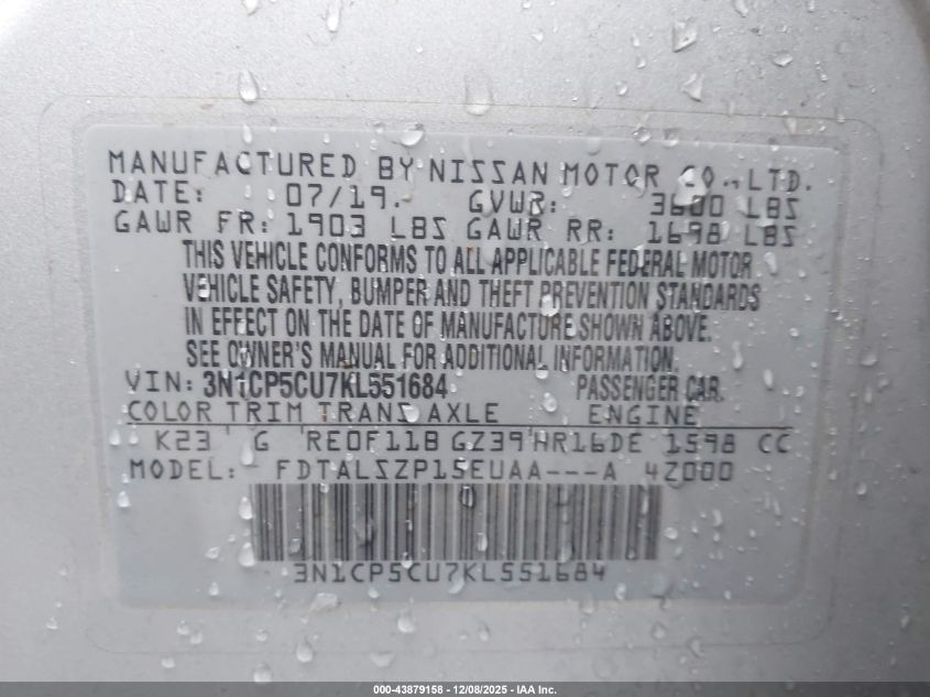 2019 Nissan Kicks Sv VIN: 3N1CP5CU7KL551684 Lot: 43879158
