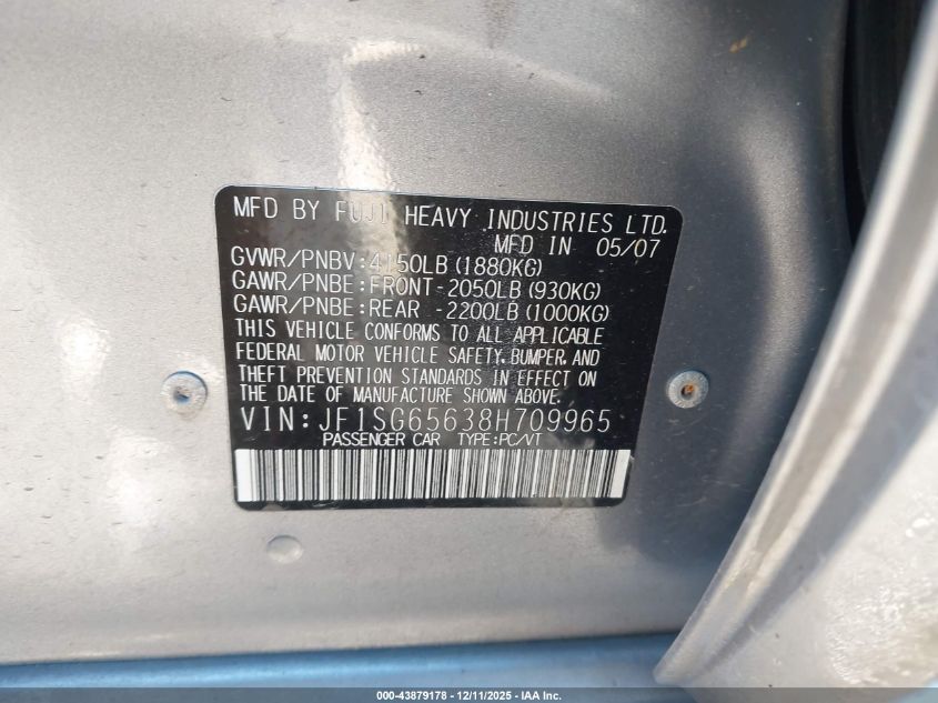 2008 Subaru Forester 2.5X VIN: JF1SG65638H709965 Lot: 43879178