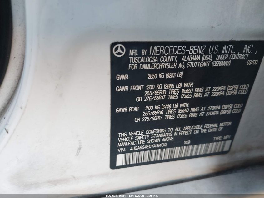 2000 Mercedes-Benz Ml 320 VIN: 4JGAB54E0YA184312 Lot: 43879181