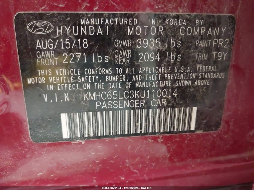 2019 Hyundai Ioniq Hybrid Blue VIN: KMHC65LC3KU110014 Lot: 43879184