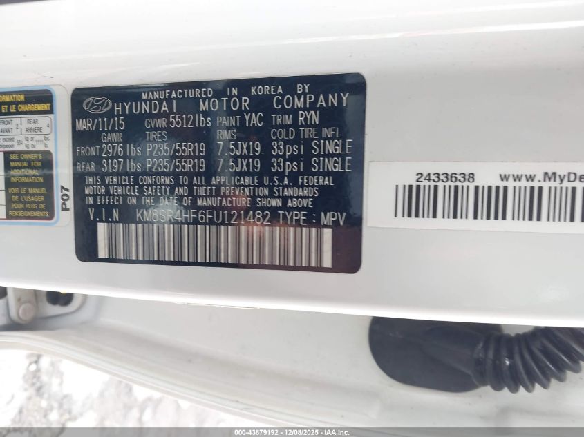 2015 Hyundai Santa Fe Limited VIN: KM8SR4HF6FU121482 Lot: 43879192