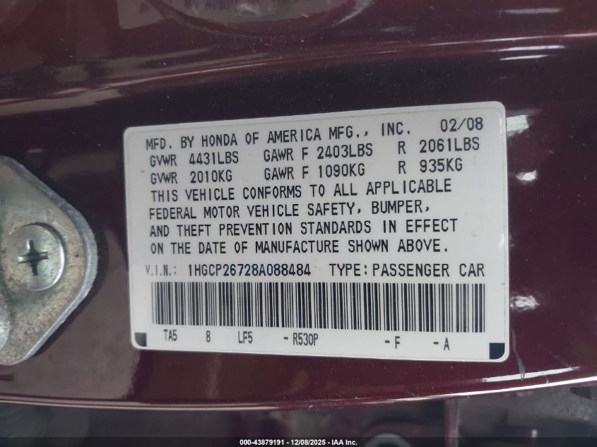 2008 Honda Accord 2.4 Ex VIN: 1HGCP26728A088484 Lot: 43879191