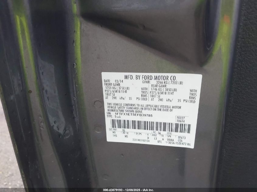 2014 Ford F-150 Xlt VIN: 1FTFX1ET5EFB39785 Lot: 43879193