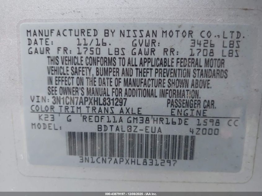 2017 Nissan Versa 1.6 Sv VIN: 3N1CN7APXHL831297 Lot: 43879197