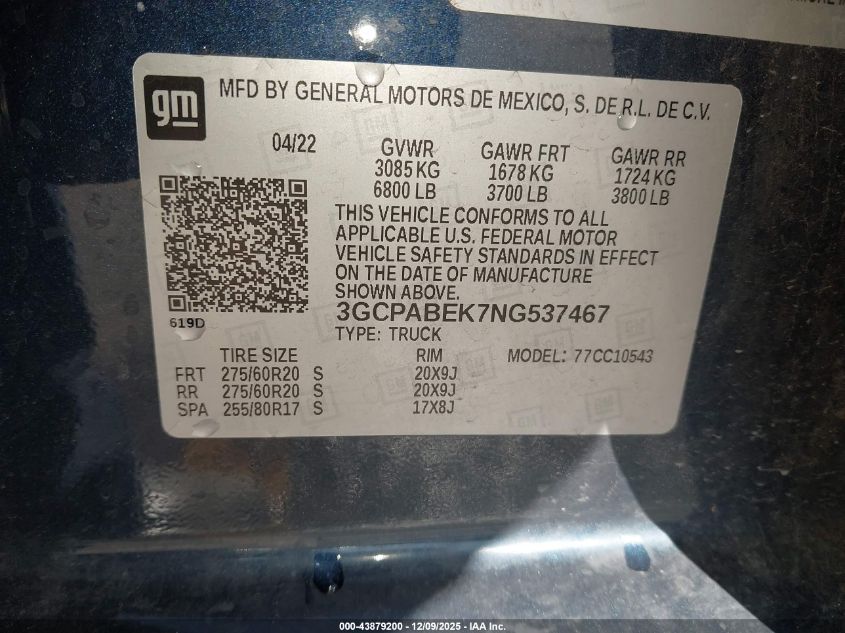 2022 Chevrolet Silverado 1500 2Wd Short Bed Custom VIN: 3GCPABEK7NG537467 Lot: 43879200