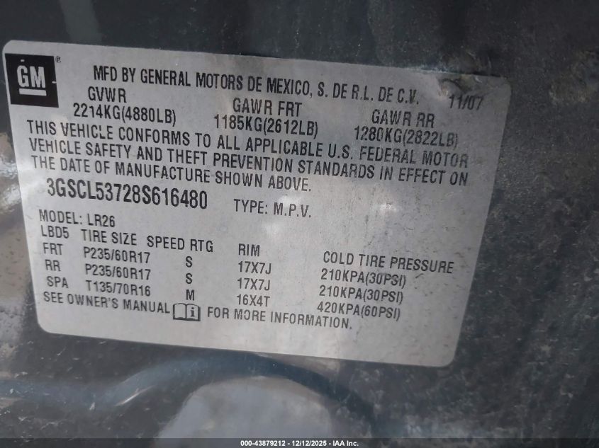2008 Saturn Vue V6 Xr VIN: 3GSCL53728S616480 Lot: 43879212