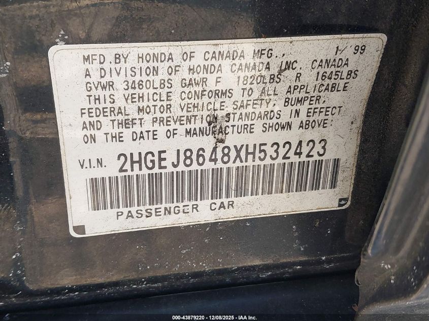1999 Honda Civic Ex VIN: 2HGEJ8648XH532423 Lot: 43879220