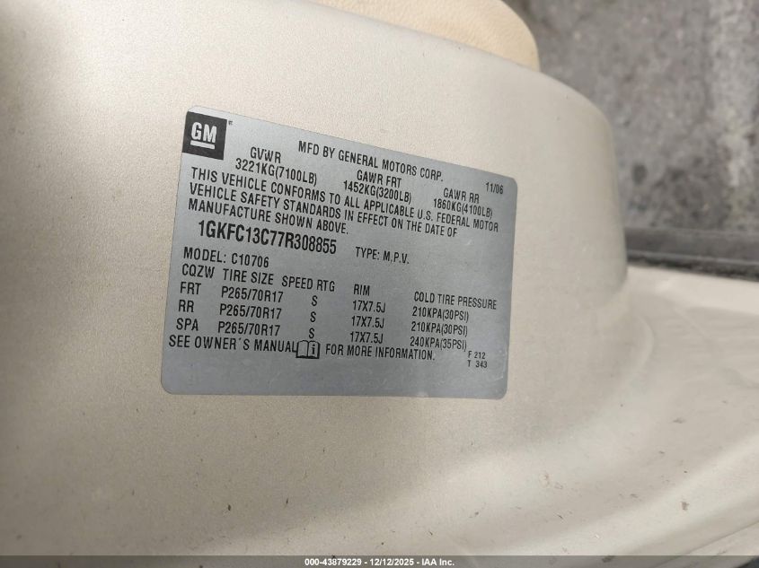 2007 GMC Yukon Sle VIN: 1GKFC13C77R308855 Lot: 43879229