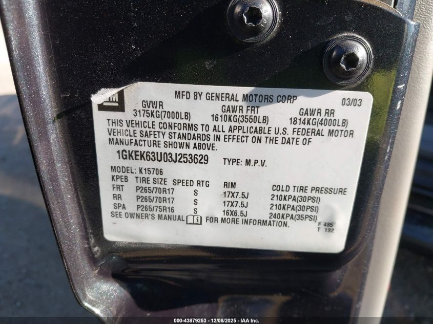 2003 GMC Yukon Denali VIN: 1GKEK63U03J253629 Lot: 43879253