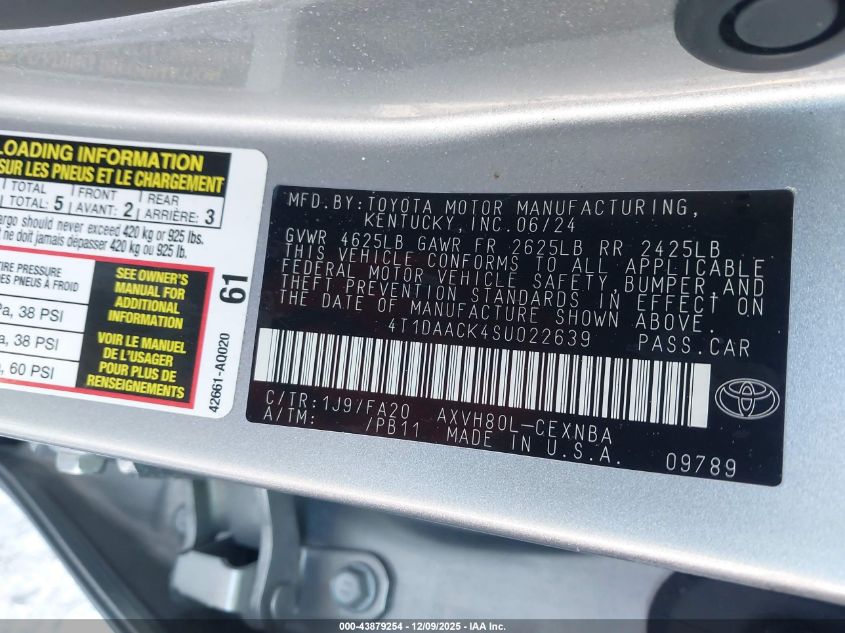 2025 Toyota Camry Le VIN: 4T1DAACK4SU022639 Lot: 43879254