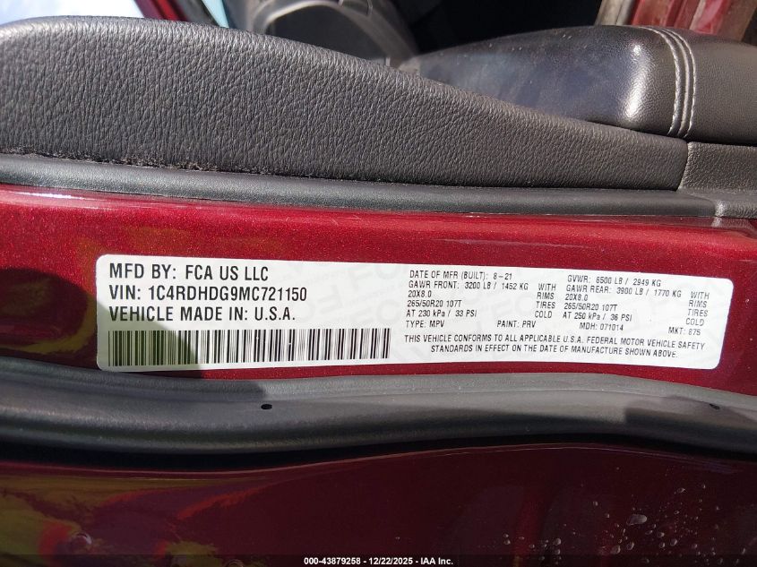 2021 Dodge Durango Gt Plus Rwd VIN: 1C4RDHDG9MC721150 Lot: 43879258