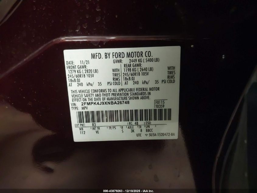 2022 Ford Edge Sel VIN: 2FMPK4J9XNBA26748 Lot: 43879263