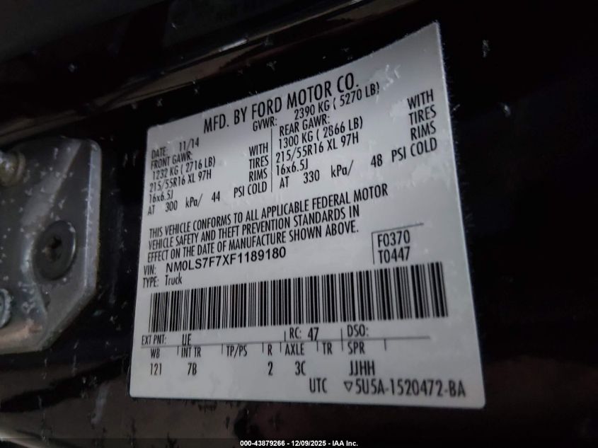 2015 Ford Transit Connect Xlt VIN: NM0LS7F7XF1189180 Lot: 43879266