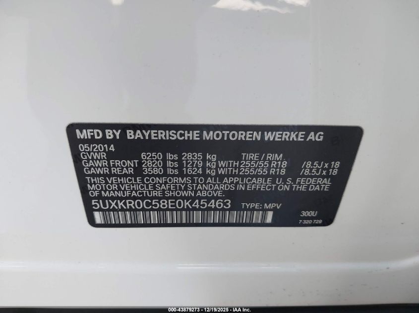 2014 BMW X5 xDrive35I VIN: 5UXKR0C58E0K45463 Lot: 43879273