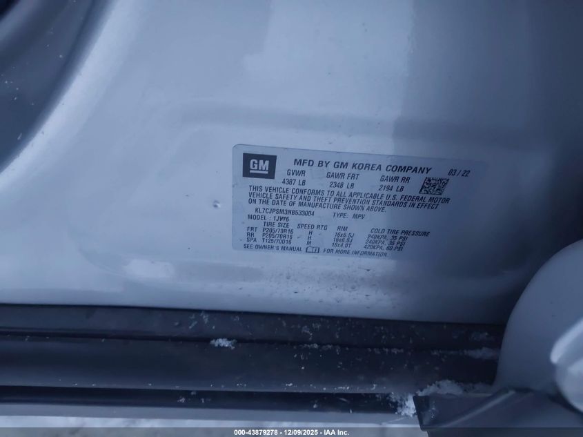 2022 Chevrolet Trax Awd Lt VIN: KL7CJPSM3NB533004 Lot: 43879278