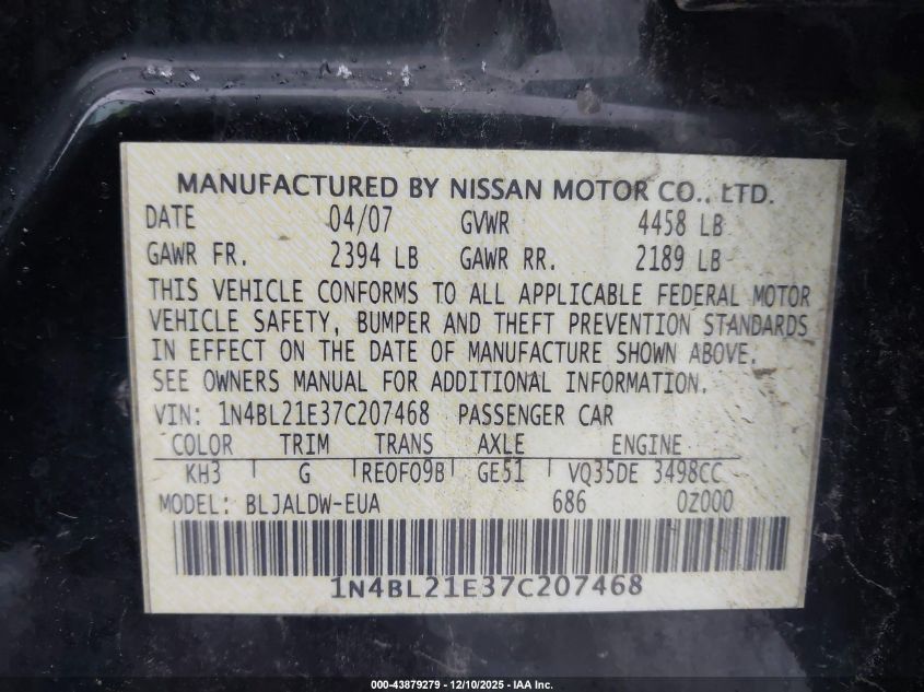 2007 Nissan Altima 3.5 Se VIN: 1N4BL21E37C207468 Lot: 43879279
