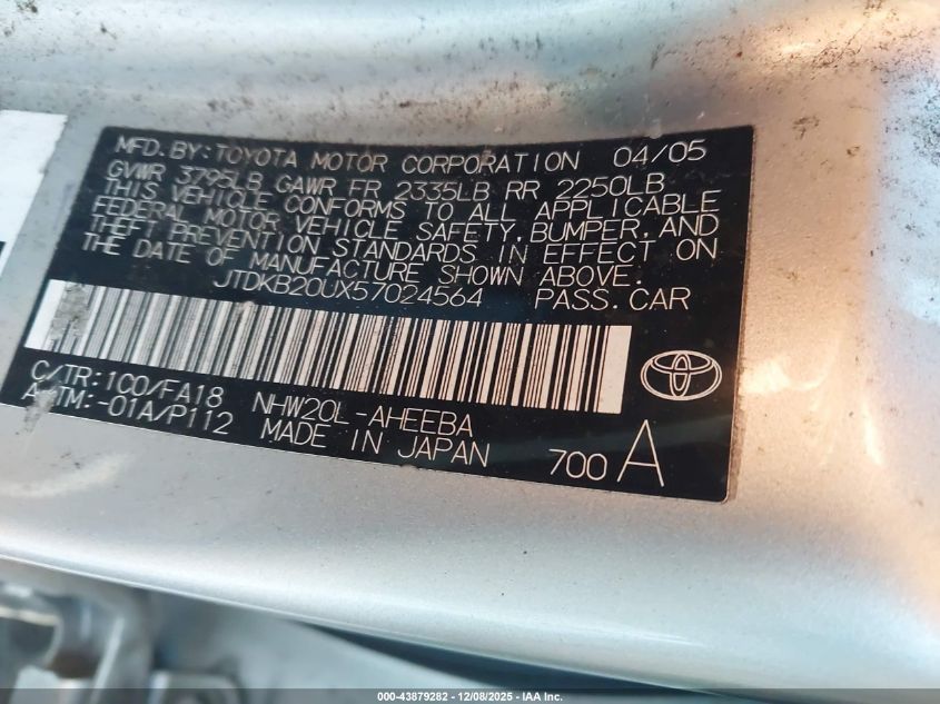 2005 Toyota Prius VIN: JTDKB20UX57024564 Lot: 43879282