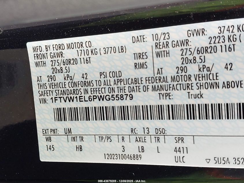 2023 Ford F-150 Lightning Lariat VIN: 1FTVW1EL6PWG55879 Lot: 43879289