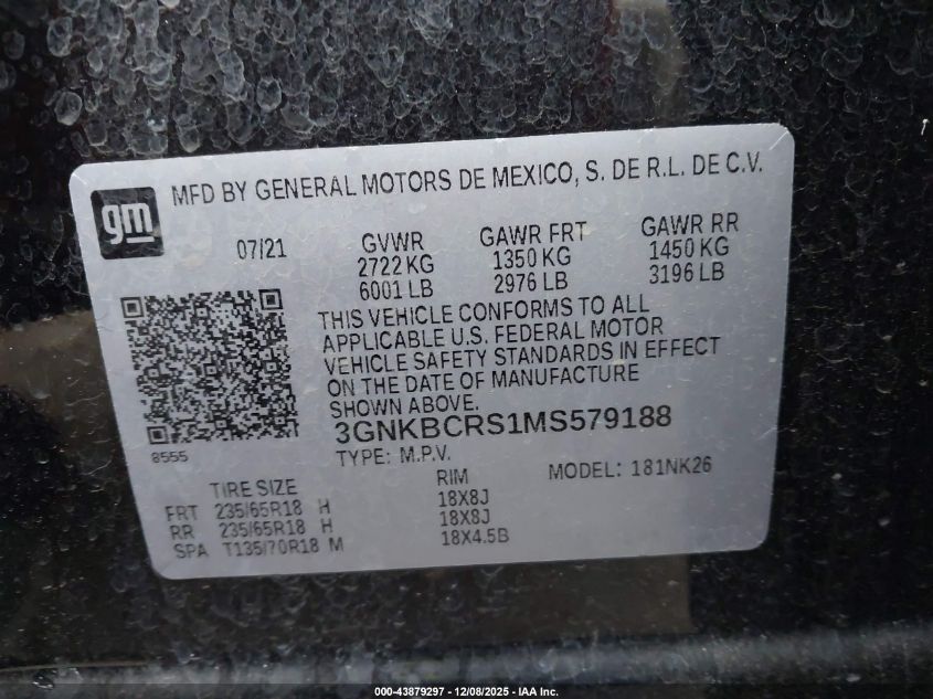 2021 Chevrolet Blazer Fwd 2Lt VIN: 3GNKBCRS1MS579188 Lot: 43879297