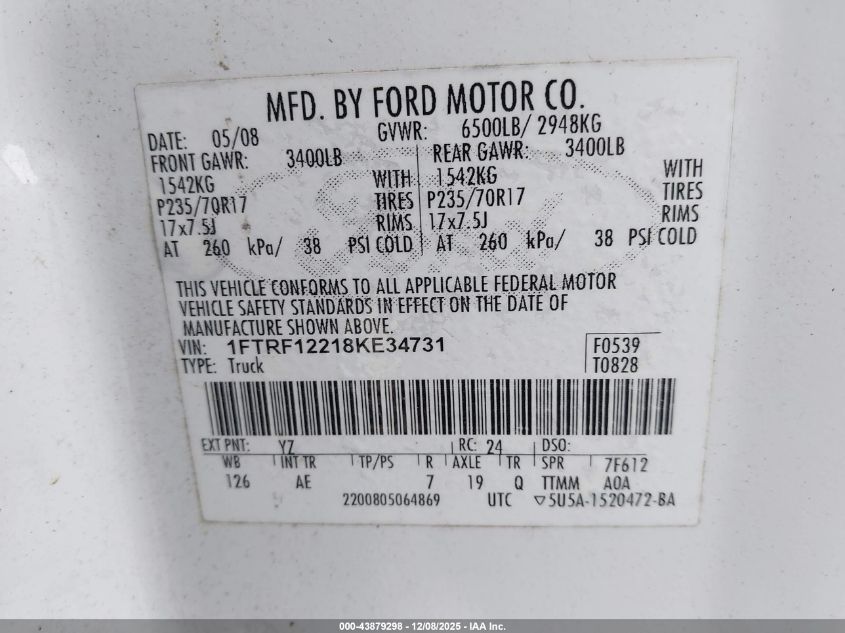 2008 Ford F-150 Stx/Xl/Xlt VIN: 1FTRF12218KE34731 Lot: 43879298