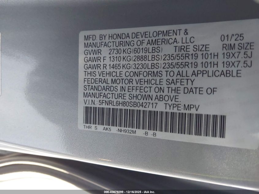 2025 Honda Odyssey Touring VIN: 5FNRL6H80SB042717 Lot: 43879299