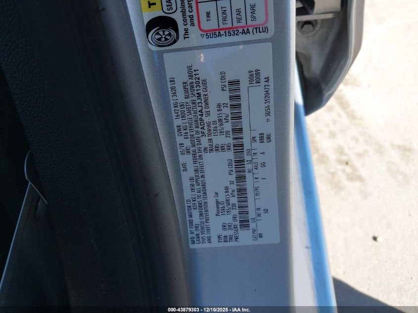 2018 Ford Fiesta S VIN: 3FADP4AJ3JM130211 Lot: 43879303