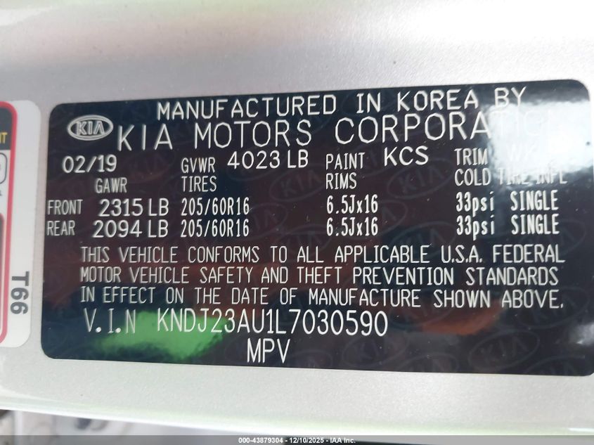 2020 Kia Soul Lx VIN: KNDJ23AU1L7030590 Lot: 43879304