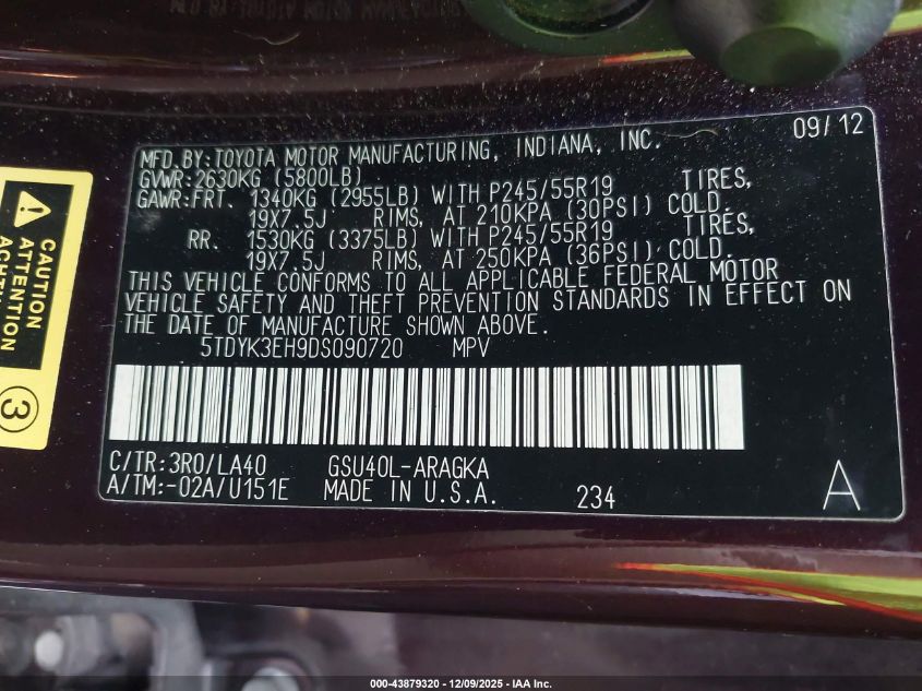 2013 Toyota Highlander Limited V6 VIN: 5TDYK3EH9DS090720 Lot: 43879320