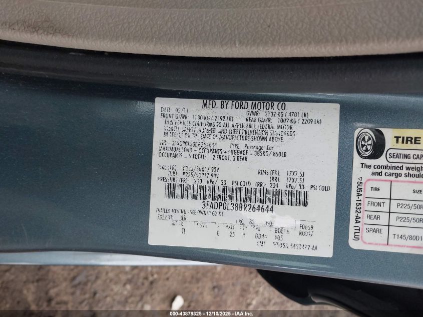 2011 Ford Fusion Hybrid VIN: 3FADP0L38BR264644 Lot: 43879325