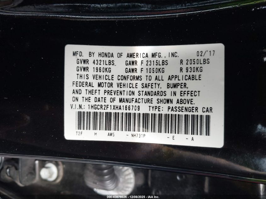 2017 Honda Accord Sport Se VIN: 1HGCR2F1XHA166709 Lot: 43879326