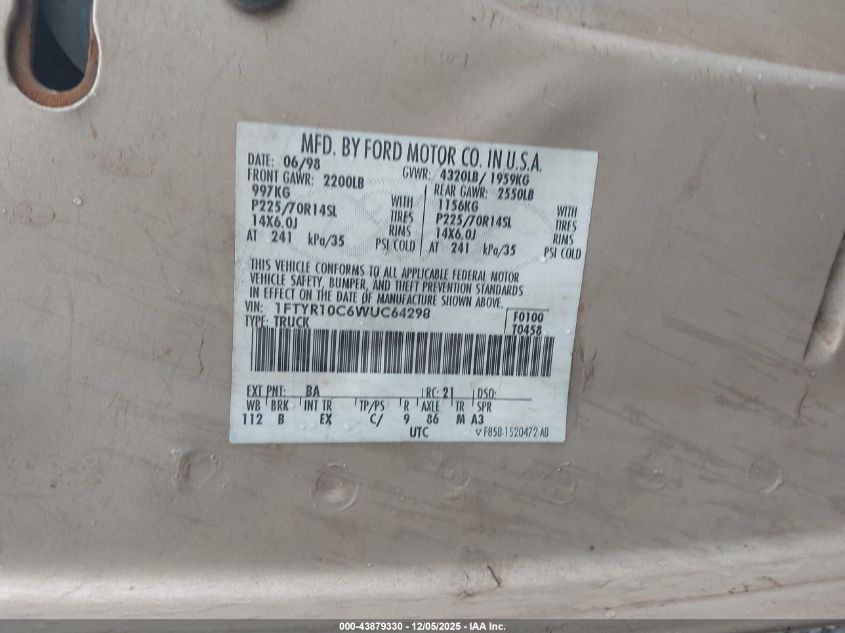 1998 Ford Ranger Splash/Xl/Xlt VIN: 1FTYR10C6WUC64298 Lot: 43879330