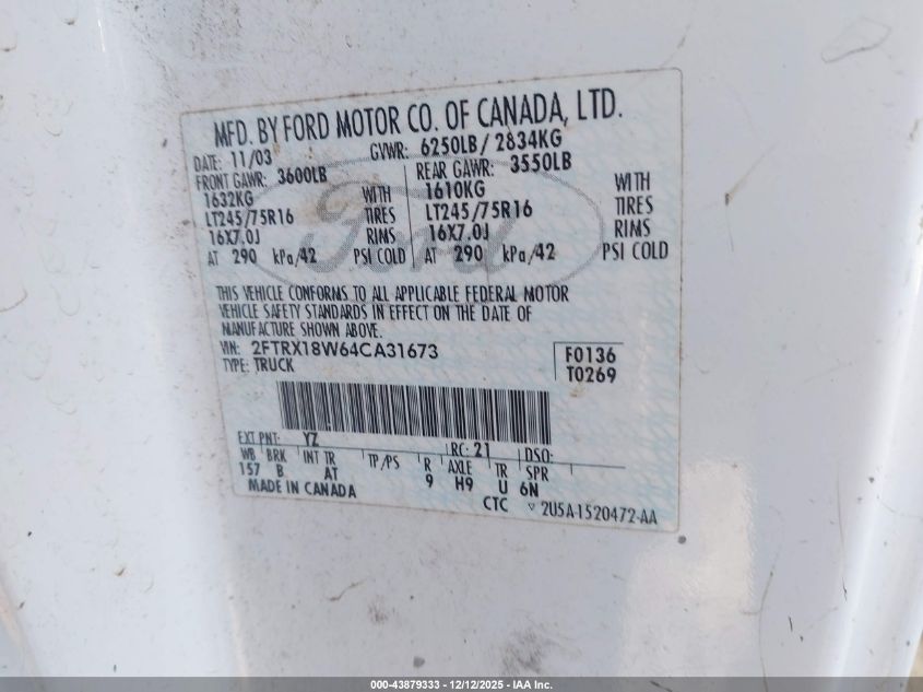 2004 Ford F-150 Heritage Xl/Xlt VIN: 2FTRX18W64CA31673 Lot: 43879333