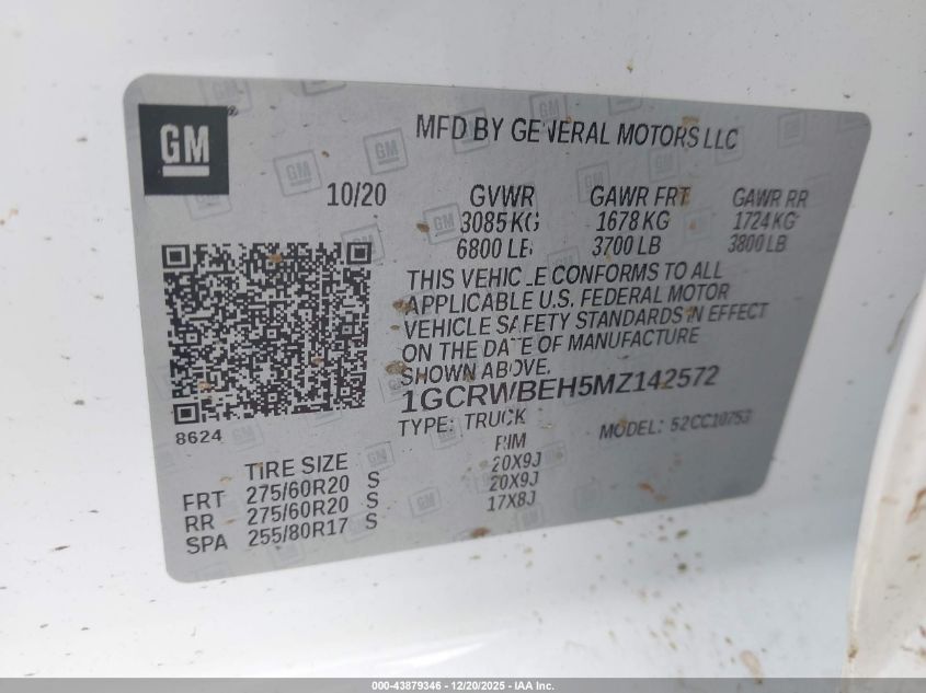 2021 Chevrolet Silverado 1500 2Wd Standard Bed Custom VIN: 1GCRWBEH5MZ142572 Lot: 43879346