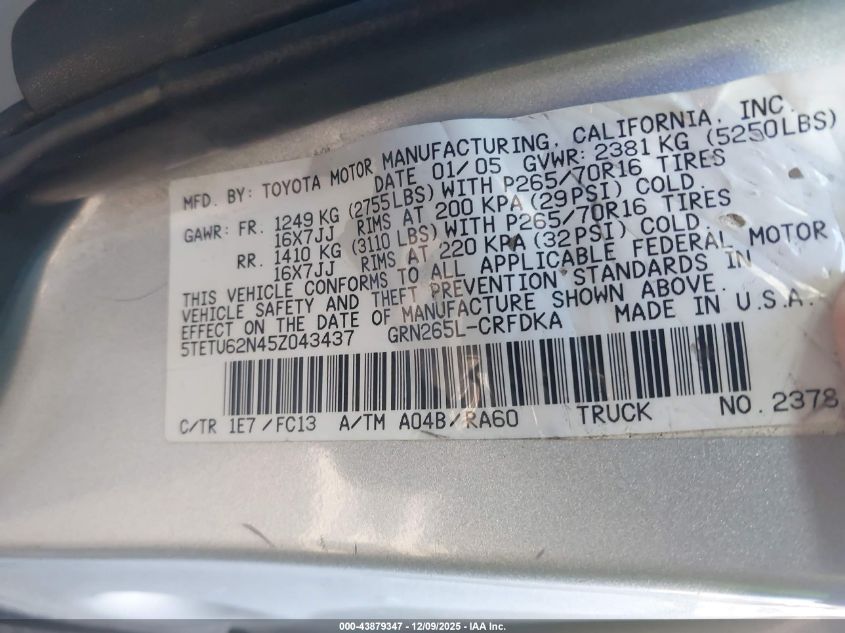 2005 Toyota Tacoma Prerunner V6 VIN: 5TETU62N45Z043437 Lot: 43879347