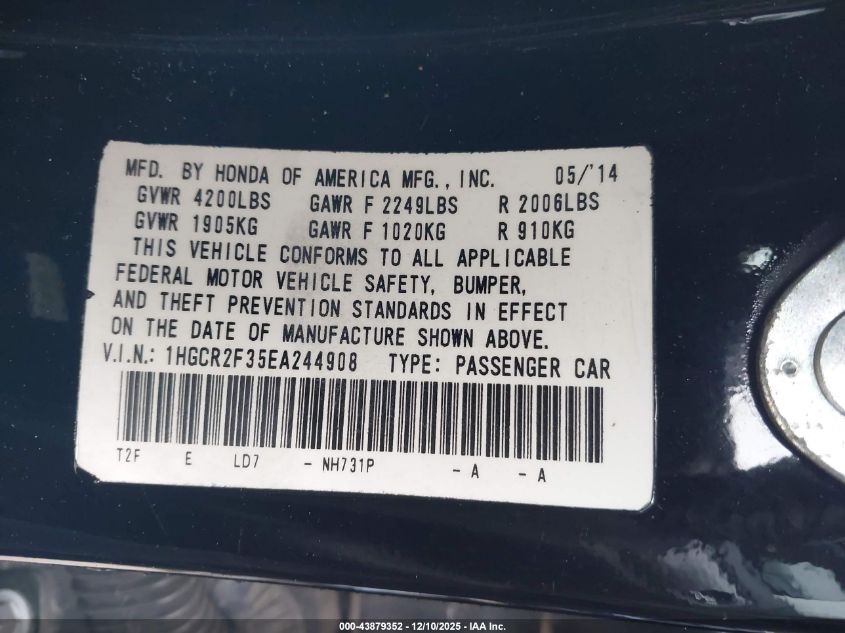 2014 Honda Accord Lx VIN: 1HGCR2F35EA244908 Lot: 43879352