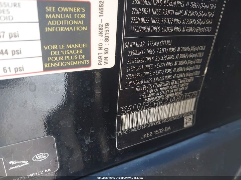 2018 Land Rover Range Rover Sport Hse Td6 VIN: SALWR2RK2JA801579 Lot: 43879355