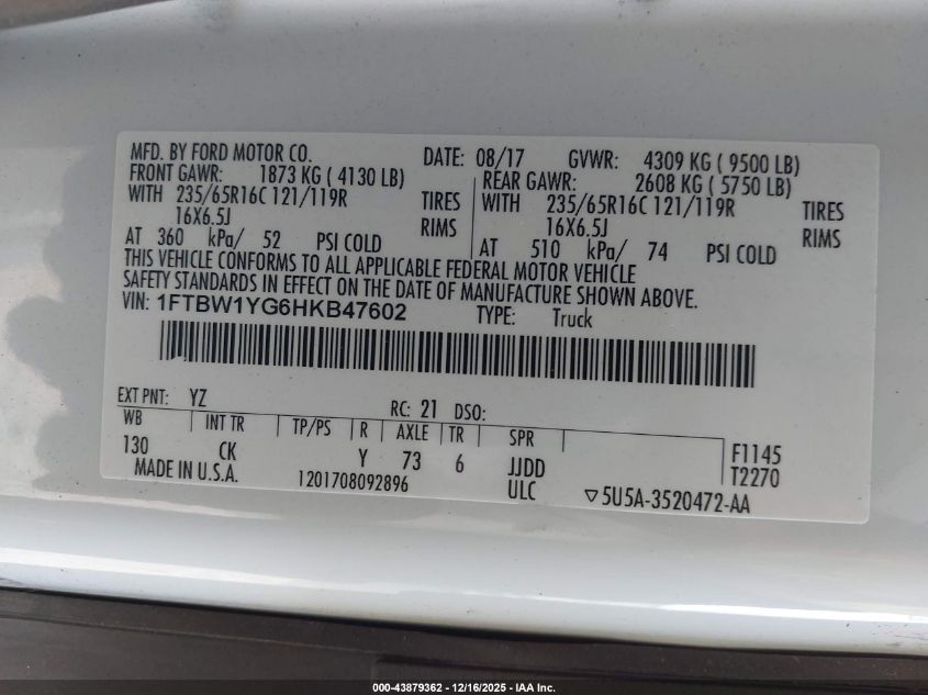 2017 Ford Transit-350 VIN: FTBW1YG6HKB47602 Lot: 43879362